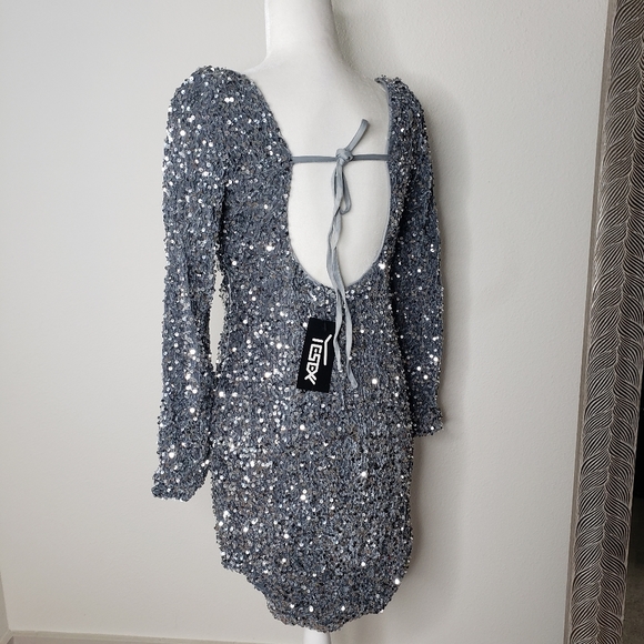 LONG SLEEVE OPEN BACK DRESS SEQUIN GREY/SILVER - Picture 4 of 11